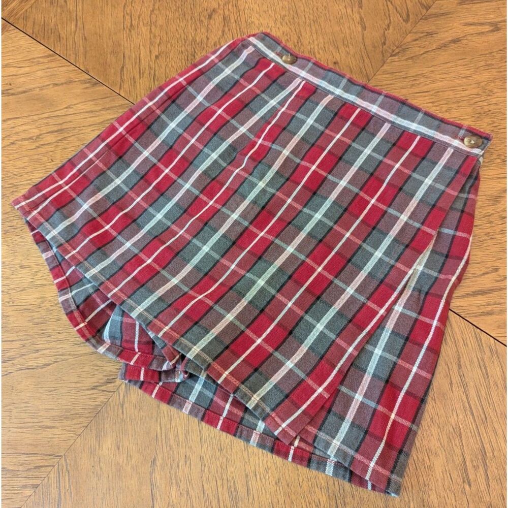 Vintage Lands' End Red Plaid Cotton Skort Medium Front Elastic Waist Girls 14